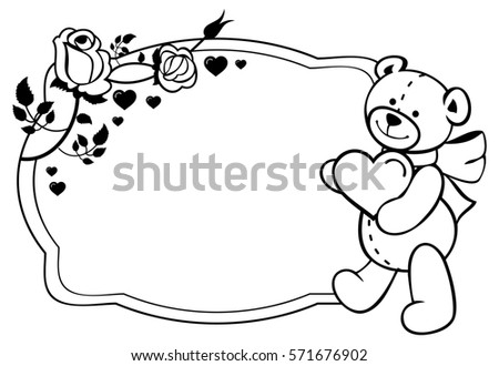 Oval label with outline roses and cute teddy bear holding heart. Copy space. Valentine Day background. Raster clip art.
