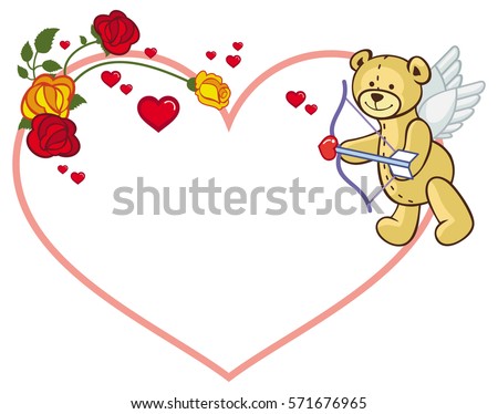 Heart-shaped frame with roses and teddy bear with bow and wings, looks like a Cupid. Raster clip art.