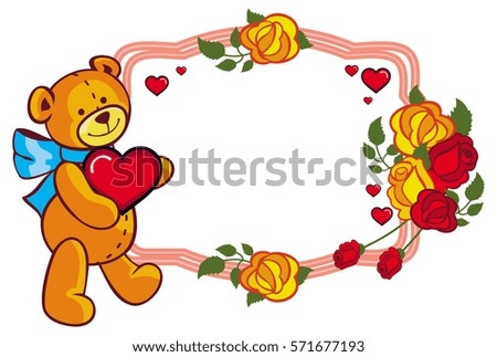Oval label with red roses and cute teddy bear holding a big heart. Copy space. Raster clip art.