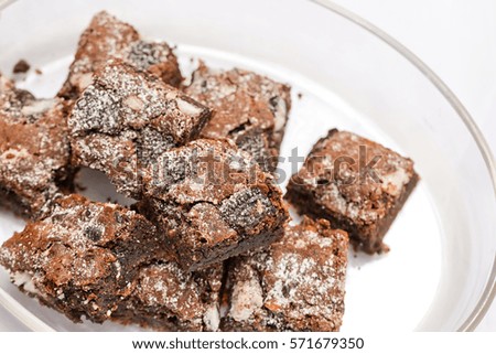 Delicious Freshly baked homemade cookies and cream brownies. Selective focus on the top of brownie