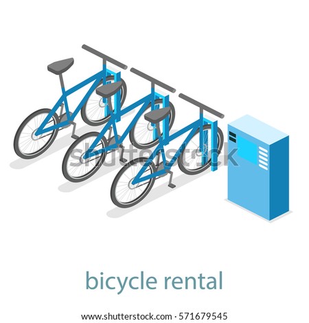 Isometric flat 3D isolated concept vector cutaway interior bicycle rental