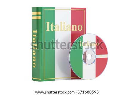 Italian book with flag of Italy and CD disk, 3D rendering isolated on white background 