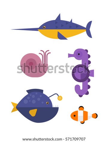 Sea animals marine life character vector illustration.