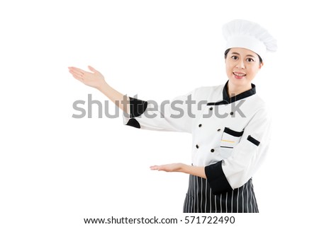 Cook or chef showing and presenting hands gesture. Multicultural Asian model. isolated on white background. profession and industry job concept.