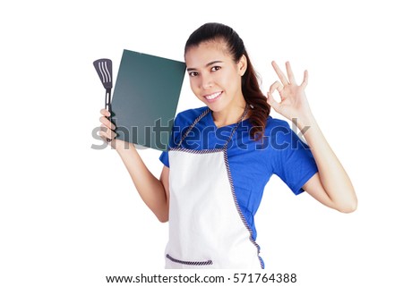 Woman Cook Smiling with Okay Sign and Free Text Space Blackboard on White Background, Cooking Concept
