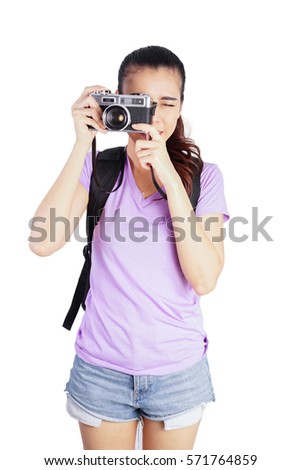 Smiling Woman taking Picture,Travel Concept on White Background, happy traveller