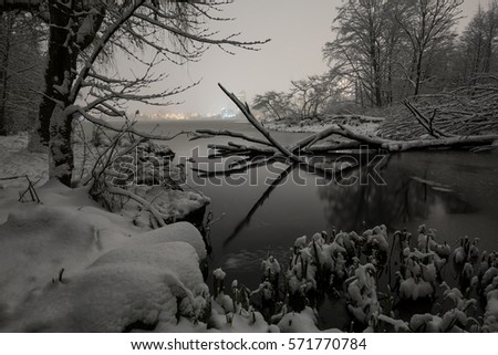Stanley Park lake, Lost Lagoon, covered in snow during a cold winter night. Picture taken in Vancouver Downtown, British Columbia, Canada, during a big snowfall in the lower mainland.