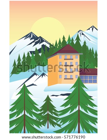
Ski resort vector mountain peaks landscape hotel forest skiing mountainous valleys winter holidays activity illustration.