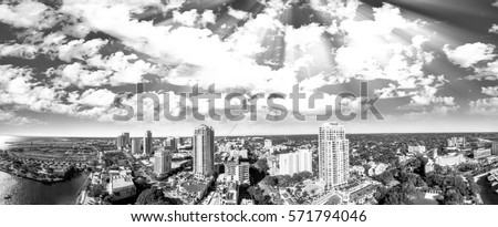Black and white aerial view of Saint Petersburg skyline, Florida.