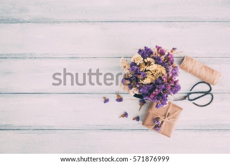 Dried flowers. Vintage gift box. Woman day concept. Copy space 