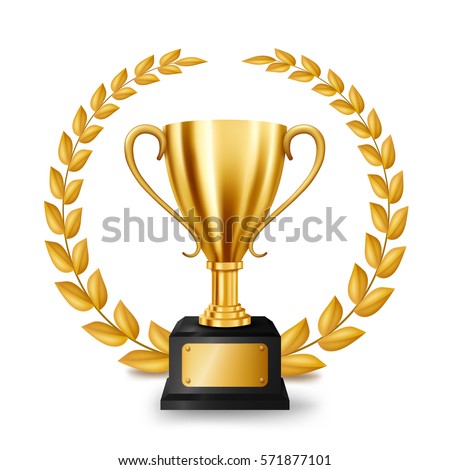 Realistic Golden Trophy with Gold Laurel Wreath, Vector Illustration Royalty-Free Stock Photo #571877101