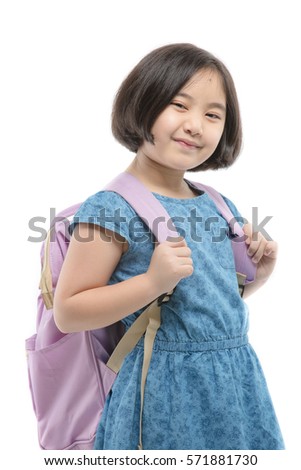 Lovely Asian student girl with backpack on isolated background
