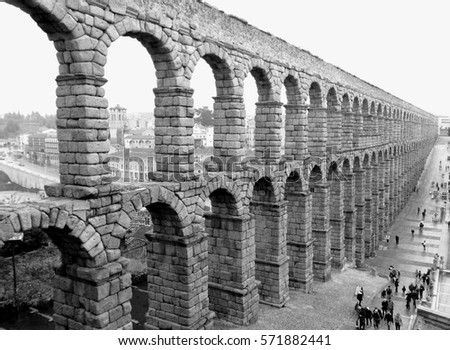 Monochrome Picture of the Aqueduct of Segovia, Breathtaking Famous Landmark of Segovia, Spain 