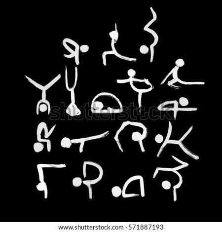 Stick figures in different yoga poses created by dry brush. Grunge calligraphy style. Vector illustration.