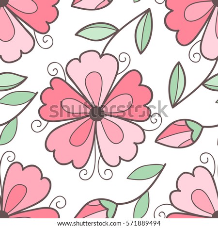Abstract flower seamless pattern with leaves. Simple pink flower seamless pattern. Scrapbook floral page. Doodle summer print.