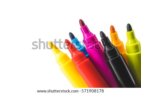 Colorful marker pen set on isolated background with clipping path. Vivid highlighter and blank space for your design or montage. Royalty-Free Stock Photo #571908178
