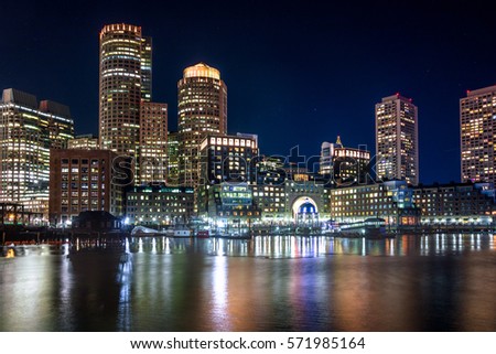 Boston Harbor and Financial District skyline at night - Boston, Massachusetts, USA