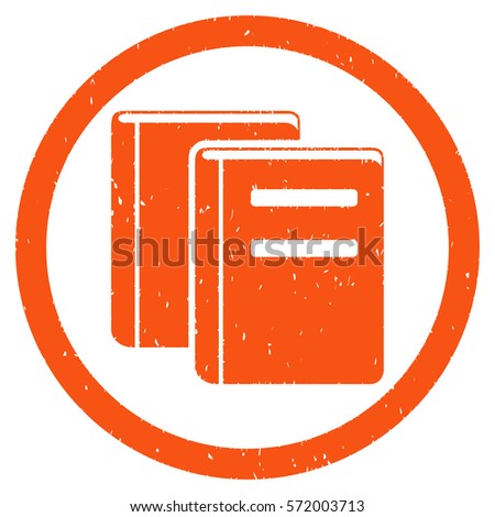 Books grainy textured icon inside circle for overlay watermark stamps. Flat symbol with scratched texture. Circled dotted vector orange ink rubber seal stamp with grunge design on a white background.