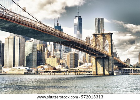 Manhattan skyline with Brooklyn Bridge - HDR image.