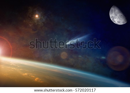 Astronomical scientific background - bright comet approaching to planet Earth in space. Elements of this image furnished by NASA. Royalty-Free Stock Photo #572020117