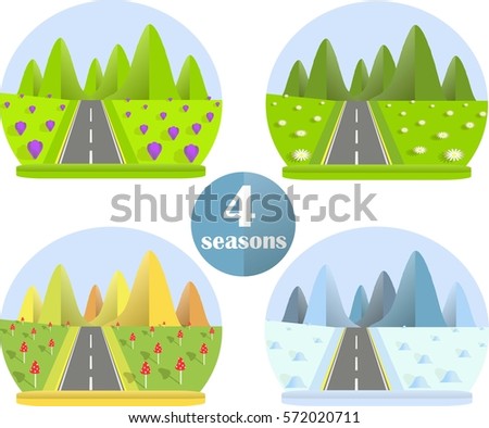 Flat design set bright colorful image four seasons in the mountain, grey road, violet crocus, white daisies, red mushrooms, stock vector illustration