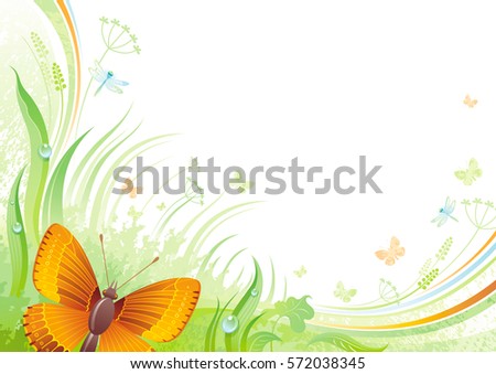 Spring flying butterfly banner border. Ecological idea. Environment friendly vector illustration. Summer landscape. Green grass, grunge pattern. Springtime nature. Watercolor background design