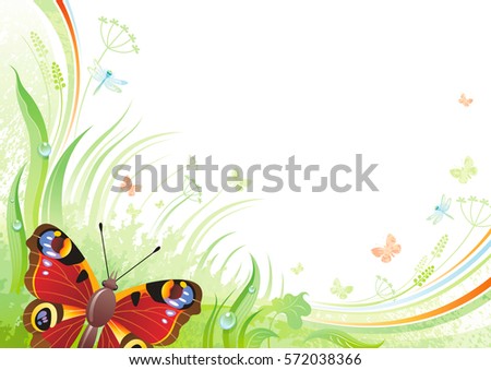 Spring flying peacock butterfly banner border. Ecological idea. Environment friendly vector illustration. Summer landscape. Green grass, grunge pattern. Springtime nature. Watercolor background design