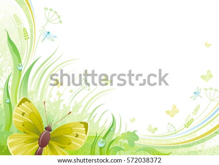 Spring flying cabbage butterfly banner border. Ecological idea. Environment friendly vector illustration. Summer landscape. Green grass, grunge pattern. Springtime nature. Watercolor background design