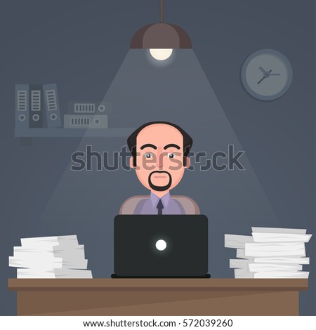 Funny Cartoon Character. Tired Office Worker Sitting and Working All Night. Vector Illustration