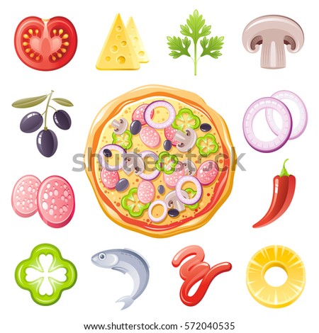Italian Pizza ingredient icons. Fastfood food vector icon set isolated background. Meal flat symbol illustration. Tomato, cheese, parsley, mushroom, olive, onion, sausage, hot chili pepper, ketchup