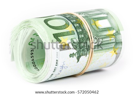 Roll of one hundred euro banknotes with a rubber band, isolated on the white background