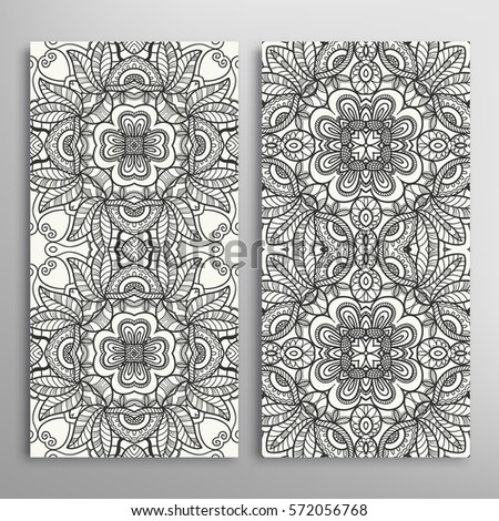 Set of vertical seamless doodle sketch patterns. Vector black and white stylish line repeating texture, geometric backgrounds. Contemporary graphic design. Tribal ethnic arabic, indian ornament