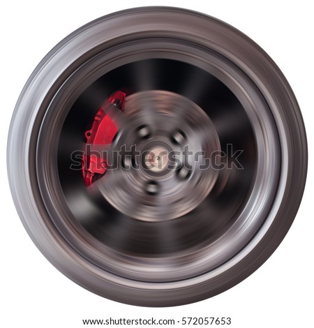 Car wheel with red caliper break spinning Royalty-Free Stock Photo #572057653