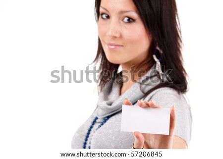 woman with blank business card in hand