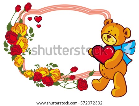 Oval label with red roses and cute teddy bear holding a big heart. Copy space. Vector clip art.
