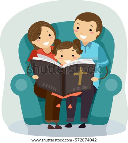 Stickman Illustration of a Father and Mother Reading a Bible Story to Their Daughter