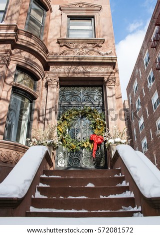 Front door decorated for the holidays in Park Slope, Brooklyn