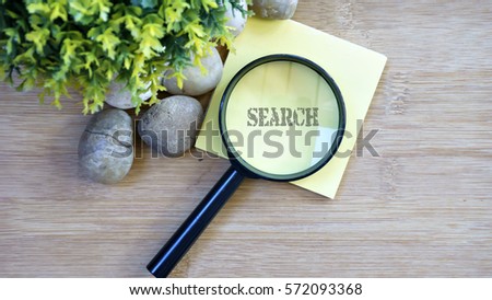 Ornamental trees, stones Small, magnifying glass, sticky note wi