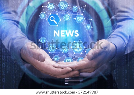 Business, Technology, Internet and network concept. Young businessman shows the word on the virtual display of the future: News