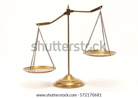 Gold brass balance scale isolated on white background. Sign of justice, lawyer Royalty-Free Stock Photo #572170681