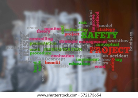 Project management word cloud with  blur construction as a background.
