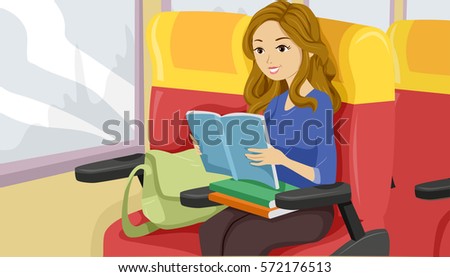 Illustration of a Teenage Girl Reading a Paperback While Commuting to School