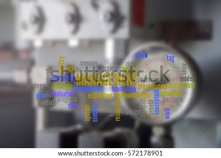 Project management word cloud with  blur construction as a background.
