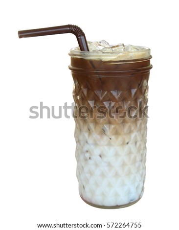 Iced coffee with straw in glass isolated on white background