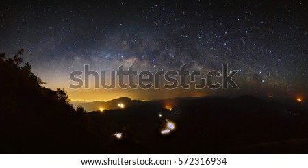 Panorama Milky Way Galaxy at Doi inthanon Chiang mai, Thailand.Long exposure photograph.With grain
