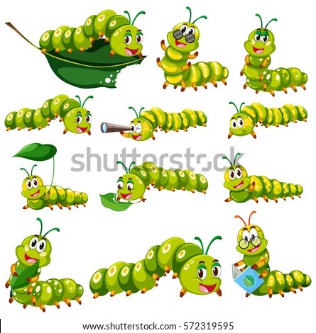 Green caterpillar character in different actions illustration