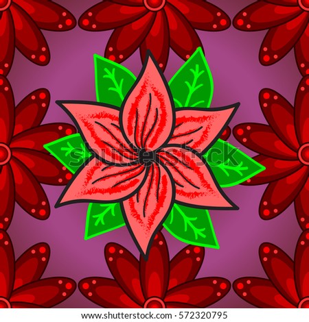 Seamless pattern with red petals flowers on violet background. Vector illustration.