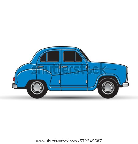 side view of vintage old car in blue-vector drawing