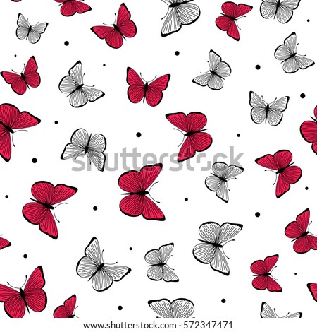 Vector illustration of pink, black and white romantic butterfly seamless pattern with insect and dots