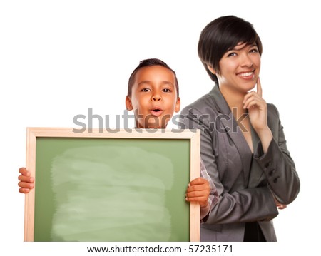 Hispanic Boy Holding Chalk Board and Female Teacher Behind Isolated on a White Background.